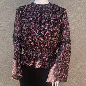 LuLu's Peplum Blouse sz M Black and Red Floral Print